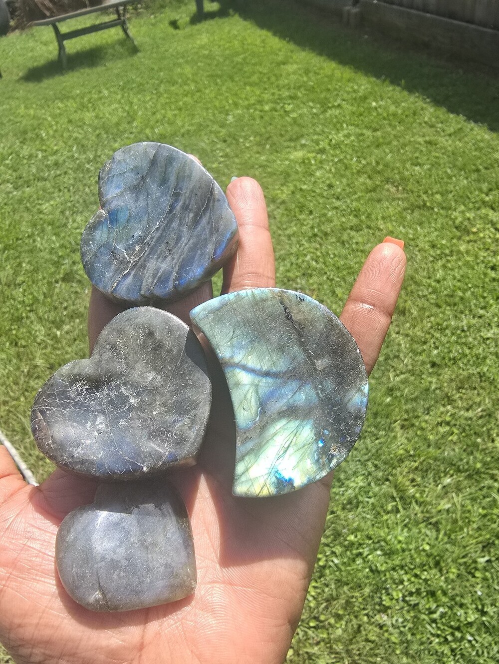 Labradorite Decorative Heart and Crescent Stone Set - Iridescent Blue-Green